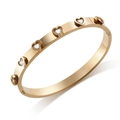 Elegant gold-plated stainless steel bangle featuring six heart-shaped cubic zirconia stones - Rose Gold Color with White Rhinestones