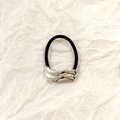 Silver wavy metal ponytail holder with black elastic band on white background - Silver Wavy 4cm