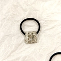 Minimalist square silver metal hair tie with irregular texture on high elastic black band - Silver Square 2.5cm