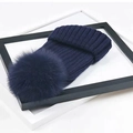 Winter chunky knit pom pom beanie for women in navy blue color with large fur ball - One Size / Navy Blue