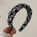 Black and white tweed knit headband with elegant woven texture and vintage frayed edge - Style A/Black White Tweed
