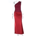 Detail of the pleated burgundy bodice and red satin mermaid skirt on the gown - XS / Red