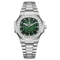 Luxury men's silver stainless steel watch with a textured green dial and crystal bezel - Silver Case Green Dial Steel Strap