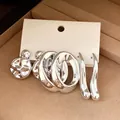 3-pair set of silver vintage earrings with textured studs and elegant drop pendants - 69# Steel Needle - Silver (6-Piece Set)