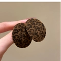 Close-up of handmade round leopard print earrings with a soft flocked velvet texture - 5# Silver Needle - Coffee - Oval - Velvet