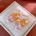 Detail of gold hook earrings featuring transparent orange and pink crystal beads in box - 41# Silver Earring Post - Gold Orange Pink Water Drop Beads String