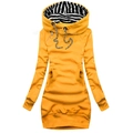 Detail of ginger yellow hooded sweatshirt dress with striped lining and large front pocket - Yellow