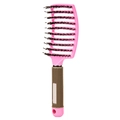 Pink curved boar bristle hairbrush with brown textured handle for volumizing and scalp massage - Pink With Bristles