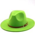 Detail of neon green wool fedora with a slim brown leather strap and gold buckle - Fluorescent Green