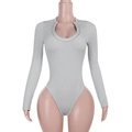 Close-up of light grey ribbed knit bodysuit with U-neck design and sleek texture - S / Gray
