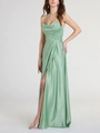 Elegant mint green satin evening gown with spaghetti straps and high side slit - S / Light Green