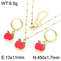 Golden stainless steel jewelry set with red apple pendants featuring necklace and earrings - Apple Style (KS226947-Z)