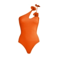 Bright orange one-shoulder swimsuit with cutout detail and 3D floral accents - S / One Shoulder One Piece Swimsuit