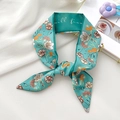 Green silk floral narrow scarf twilly with gold metal rings for hair and bags - Rose Cyan