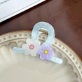 Sweet light blue marble floral hair claw clip with double blossoms for girls - Blue Small (White+Purple) - 8.2cm