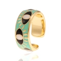 Detalle de anillo de ojo turco dorado con esmalte verde menta y grabado de rayos de sol - Abierto Ajustable / Verde