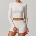 Ensemble de yoga crop top crème à manches longues et short à taille haute - Chemise À Manches Longues 8886 + Short 8519 Gris Perle / S