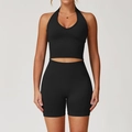 Ensemble de yoga noir côtelé sans couture avec haut dos nu et short de sport taille haute - S / Haut Et Bas / Ensemble deux pièces (Soutien-gorge + Short) / Noir Premium