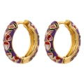 Handcrafted enamel floral hoop earrings in purple and gold with colorful flower patterns - Purple