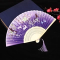 Classic purple folding fan with cherry blossom and rabbit patterns and purple tassel - Style 67