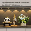 Cute panda figurine set with gold tray, wooden key holder and potted plant decor - Panda Yuanbao Storage Ornament - 3-Piece Set C