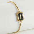 Adjustable gold stainless steel beaded bracelet with black enamel letter I pendant - I-Black