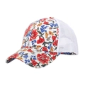 Detailed view of floral print baseball cap with white breathable mesh back panels - White with Multicolor Floral (Style C)