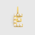 Golden round pendant with letter E design featuring elegant white pearls for jewelry making - Gold-E