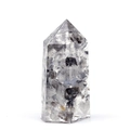 Handmade quartz crystal hexagonal pillar ornament with black inclusions on white background - Herkimer Diamond