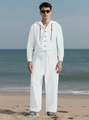 Heren casual witte katoenen linnen set met hoodie en broek met trekkoord voor de zomer - S / Wit