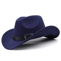 Detail of navy wool felt cowboy hat with black leather belt and silver buckle - Navy Blue