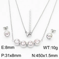 Silver titanium necklace and stud earrings set with clear zircon stones on white backdrop - Steel White Set(KS200612-KFC)
