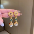 Vintage gold drop earrings with colorful gemstones and a large white pearl pendant - Colorful Gemstone Circle Pearl (HE11463)