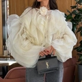 Chic beige organza blouse featuring dramatic ruffles and long lantern sleeves - S / Blouse And 3D Flower / Apricot