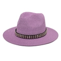 Detailed macro view of purple straw fedora with double-row metal rivet band - M (56-58cm) / Taro Purple