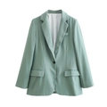 Flat lay of a stylish light green women's blazer with one button and notch lapels - S / Light Cyan