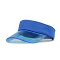 Détail d'une visière bleue avec bord en plastique translucide et bandeau en tissu assorti - Tour de tête 55-60cm / Bleu transparent