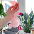 Detailed close-up of pink flamingo plush keychain with feather wings and metal chain - Plain Chain / Burgundy