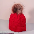Winter red cable knit hat for kids with a large faux fur pompom and ribbed cuff - One Size / Red