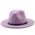 Detail of lavender wool fedora hat featuring black leather band and gold metal buckle - M (56-58cm) / Taro Purple