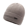 Light brown knitted beanie with a black leather patch and ribbed texture for winter - Khaki