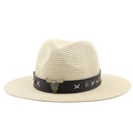 Bohemian beige straw sun hat with leather band and vintage metal bull head accent - M (56-58cm) / Beige