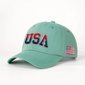 Detail of USA 3D embroidery and flag patch on mint green cotton baseball cap - Adjustable / Deep Water Green