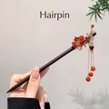 Chinese vintage hair stick with red flowers and golden tassels on a wooden pin - 125# Rolling Bead Curtain (Sandalwood)