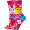 Pink mid-calf cotton socks featuring Easter bunny, chick, and floral cartoon patterns - Size 35-42 / Easter Chick