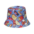 Detail of blue bucket hat with cartoon fast food icons like burger and pizza - Blue American Fast Food Theme (O)
