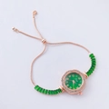 Macro detail of rose gold square watch with green dial and rhinestone bracelet band - Rose Gold-Round Green Dial (Jadi)
