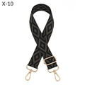 Detail view of adjustable wide shoulder strap with grey diamond pattern and gold metal hooks - Black Dark Grey