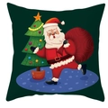 Close-up of cute Santa Claus and Christmas tree cartoon pattern on green cushion cover - DRD247-10 (Dark Green Illustration)