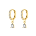 Détail boucles d'oreilles dorées avec pendentif zircon goutte et anneau serti pavé - Goutte Or Blanc